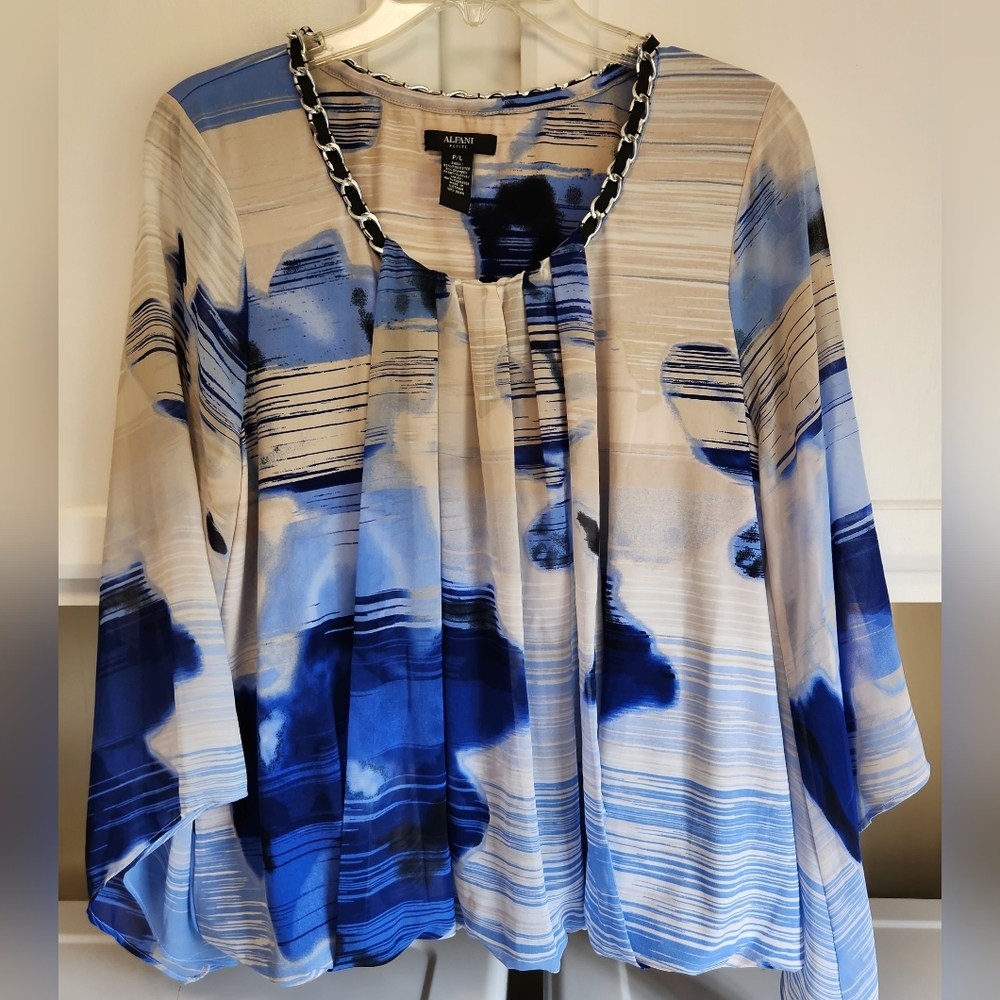 ALFANI Blouse Blue & Cream Size Petite Large-